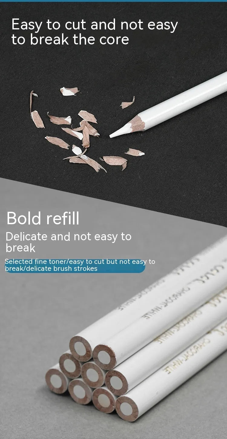 Three white charcoal pencils with wooden barrels and brush attachments for drawing