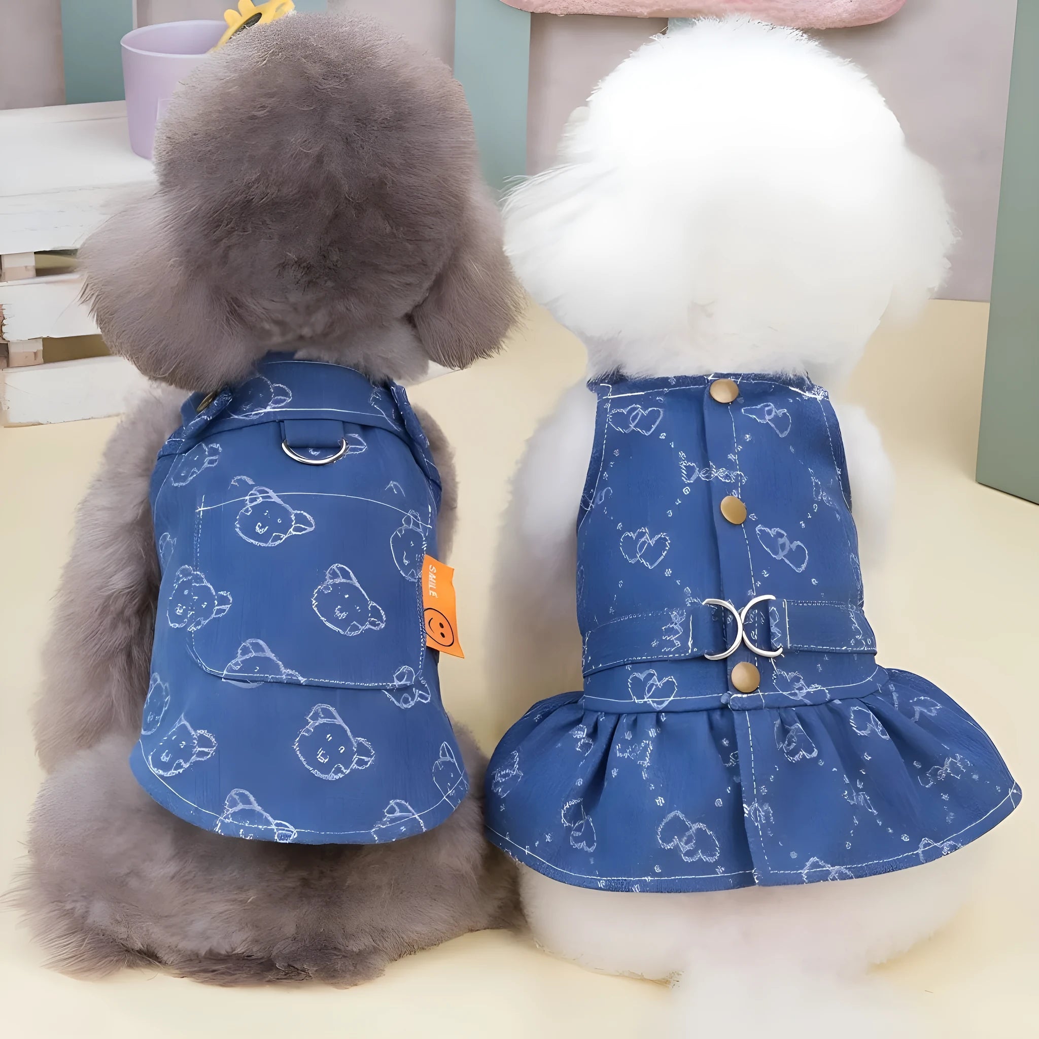Small dog wearing denim princess dress with bracket skirt design for spring and autumn seasons