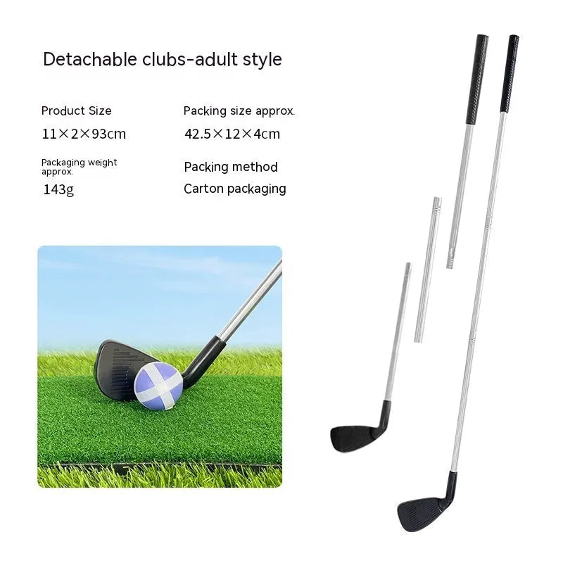 Metal golf club toy set showing adult and children's club options for outdoor sports practice