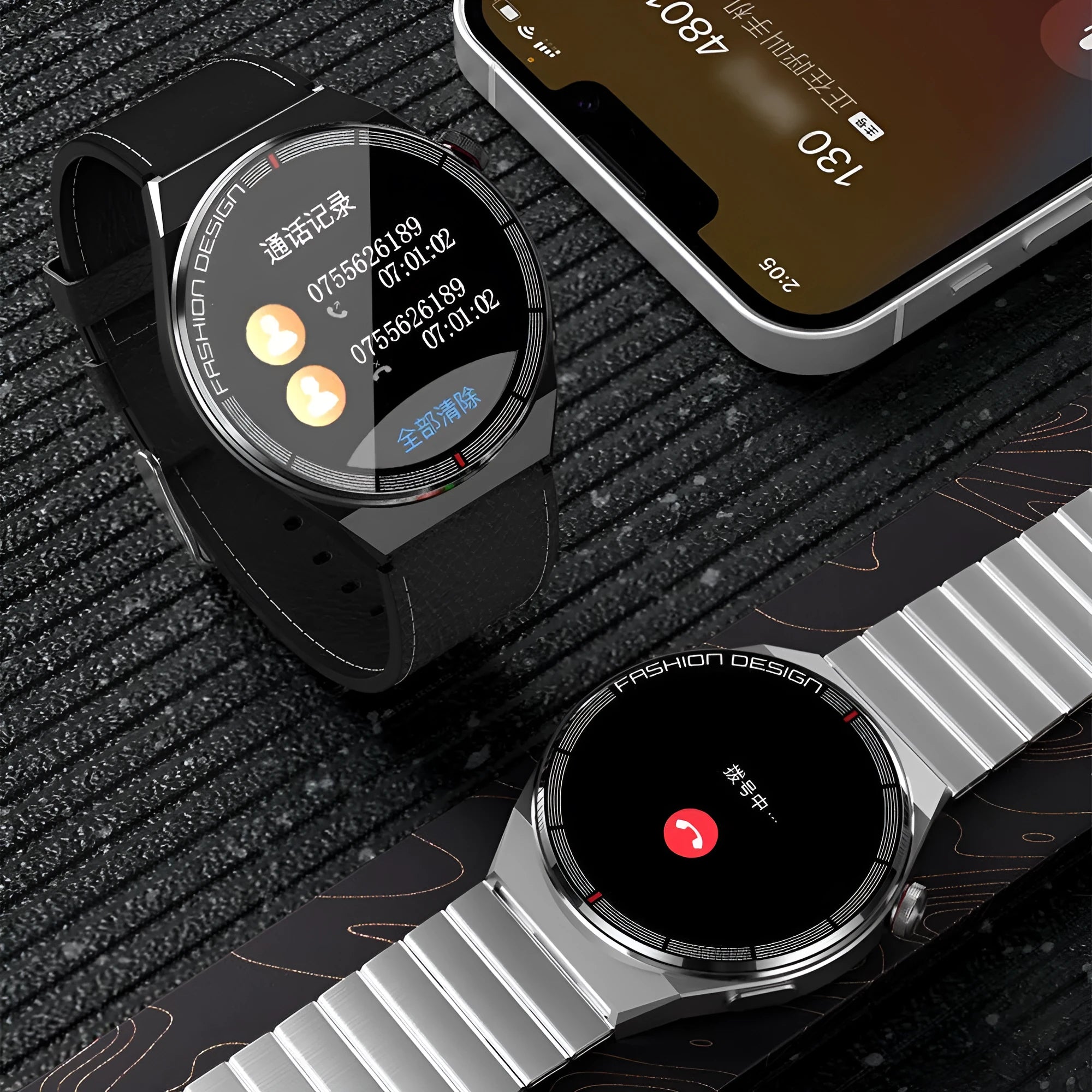46mm smartwatch with black case and silicone strap showing health metrics on 1.28-inch screen