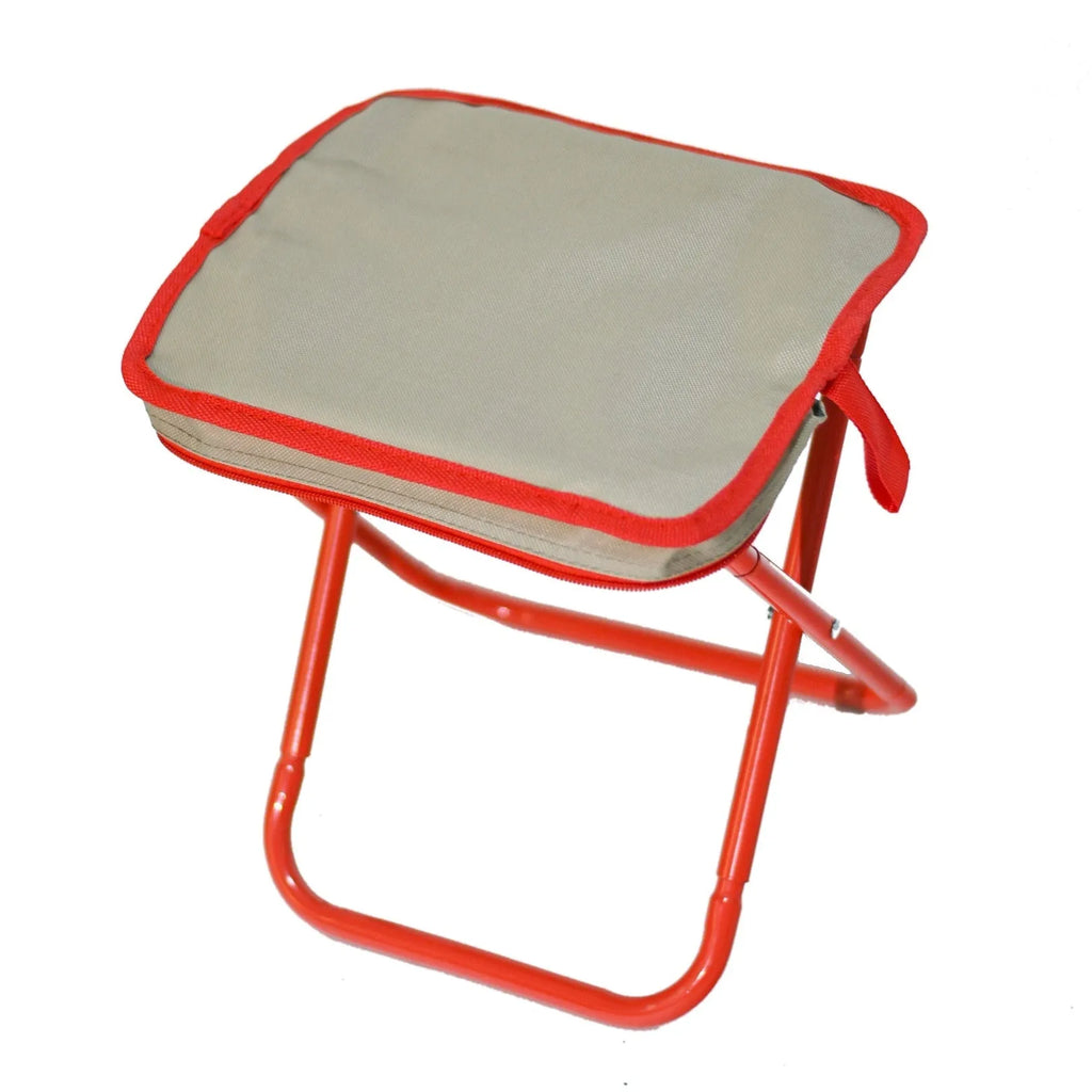 Outdoor folding camp stool in khaki colour with crossbody carry bag, shown in folded and unfolded states.