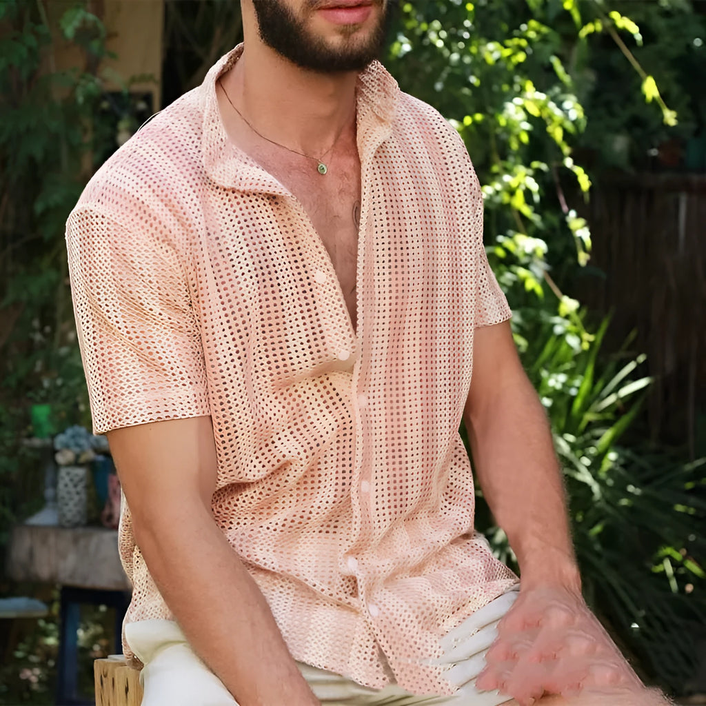 Pink men's loose-fit cardigan shirt with waffle texture and short sleeves