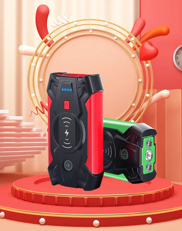 Red car emergency jump starter power pack with crocodile clips and digital display screen