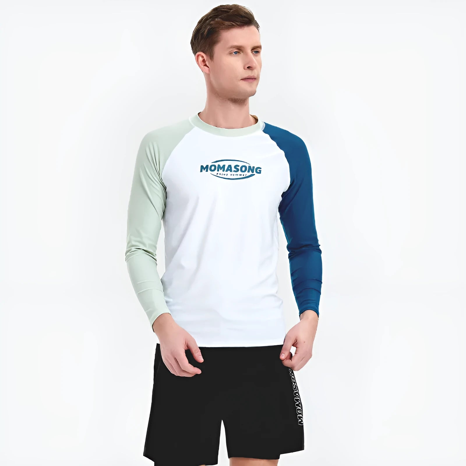 Men's white long-sleeve swim top with matching blue double-layer beach swimming trunks