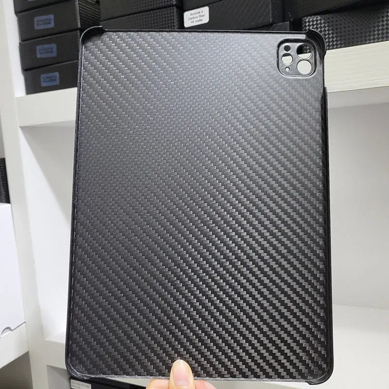 Carbon fibre hard protective case for Apple iPad Pro 11 showing embossed plaid pattern and choice of surface finishes.