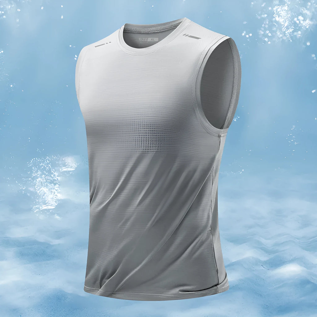 Men's loose-fit bamboo fibre polyester sleeveless vest in grey on a hanger.