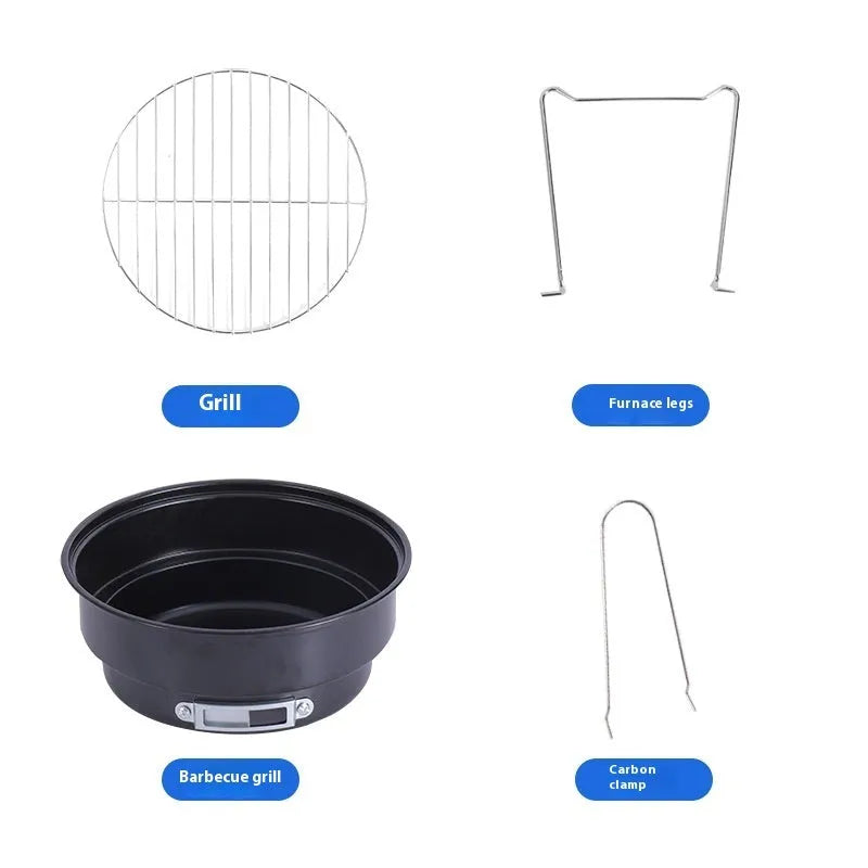 Small round folding ice stove with mesh grill and detachable legs for portable outdoor barbecue