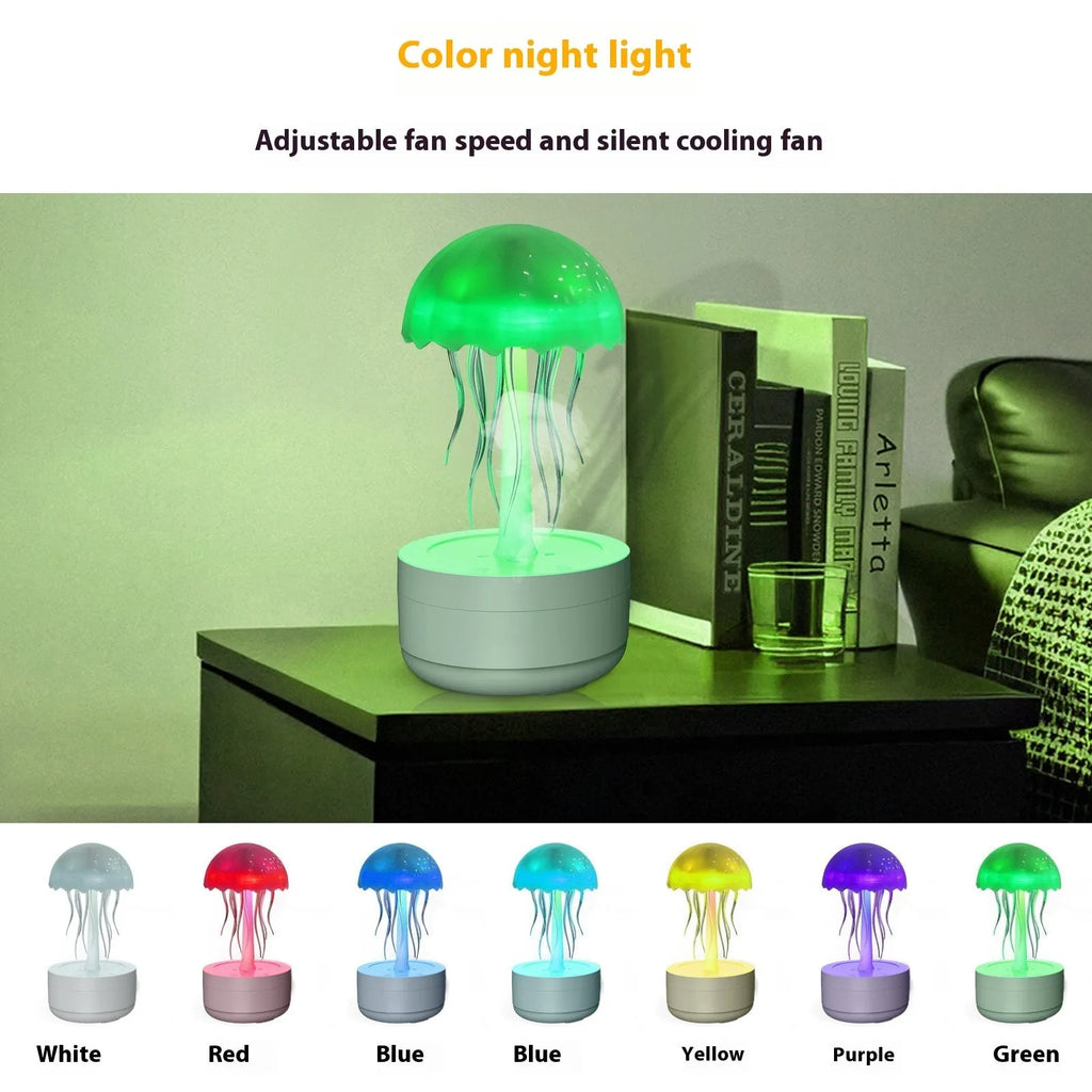 White jellyfish-shaped humidifier and essential oil diffuser with colourful LED lights on a desktop
