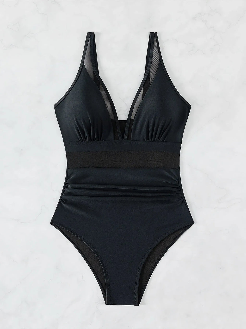 Black mesh halter one-piece swimsuit for women with briefs cut in nylon fabric