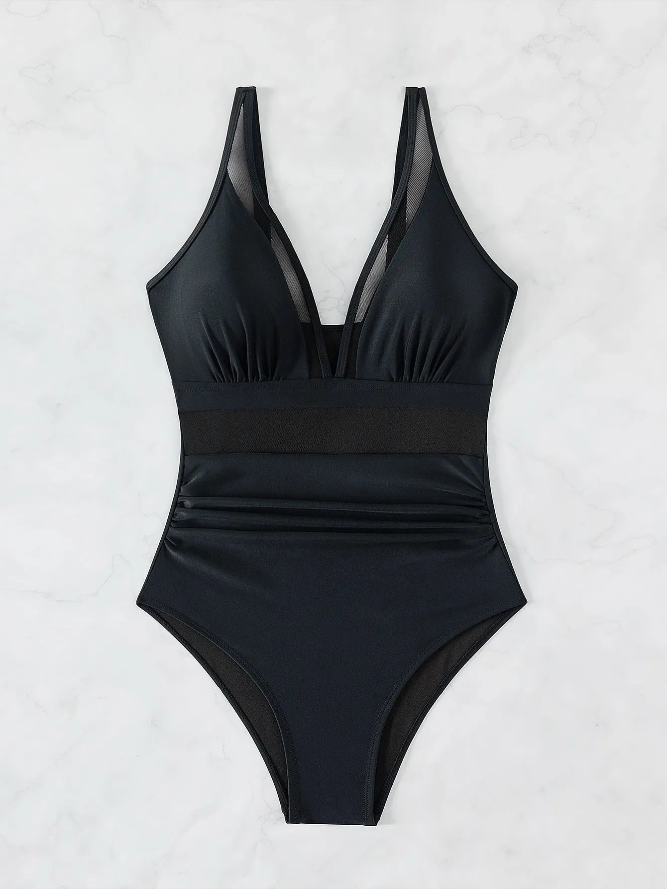 Black mesh halter one-piece swimsuit for women with briefs cut in nylon fabric