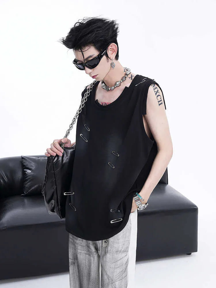 Men's black vest waistcoat with irregular cutting and ripped detailing, sleeveless round neck design