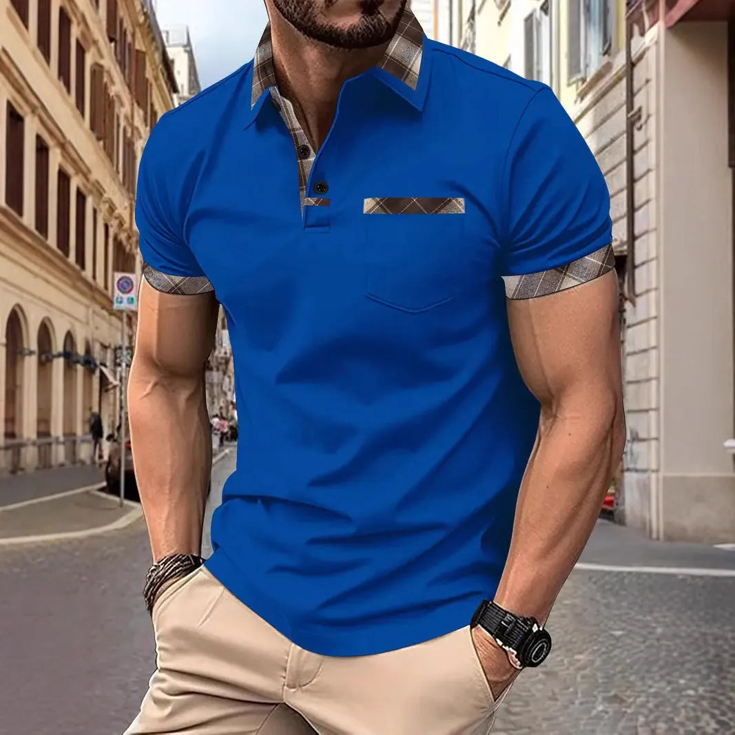 Men's plaid colourblock t-shirt with zipper decorations and short sleeves in loose fit