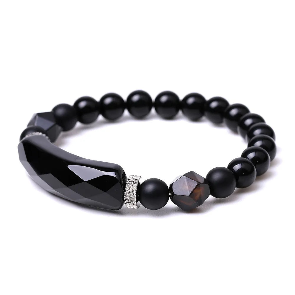 Black agate diamond-cut bracelet with geometric fan-shaped beads, handmade unisex jewellery