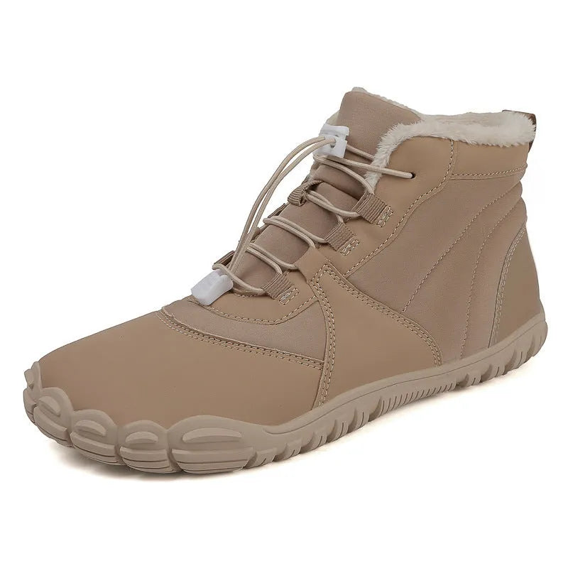 Black waterproof snow boots with lace-up front, fleece lining, and rubber sole on a winter background