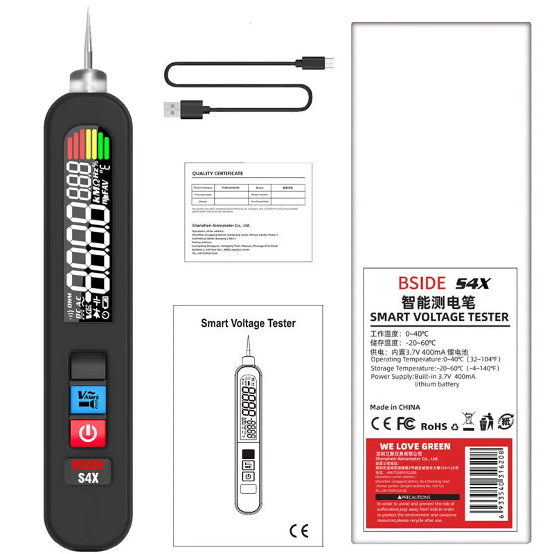 Digital sensing test pencil with LCD display showing reading, compact 66x28x23mm size, black casing
