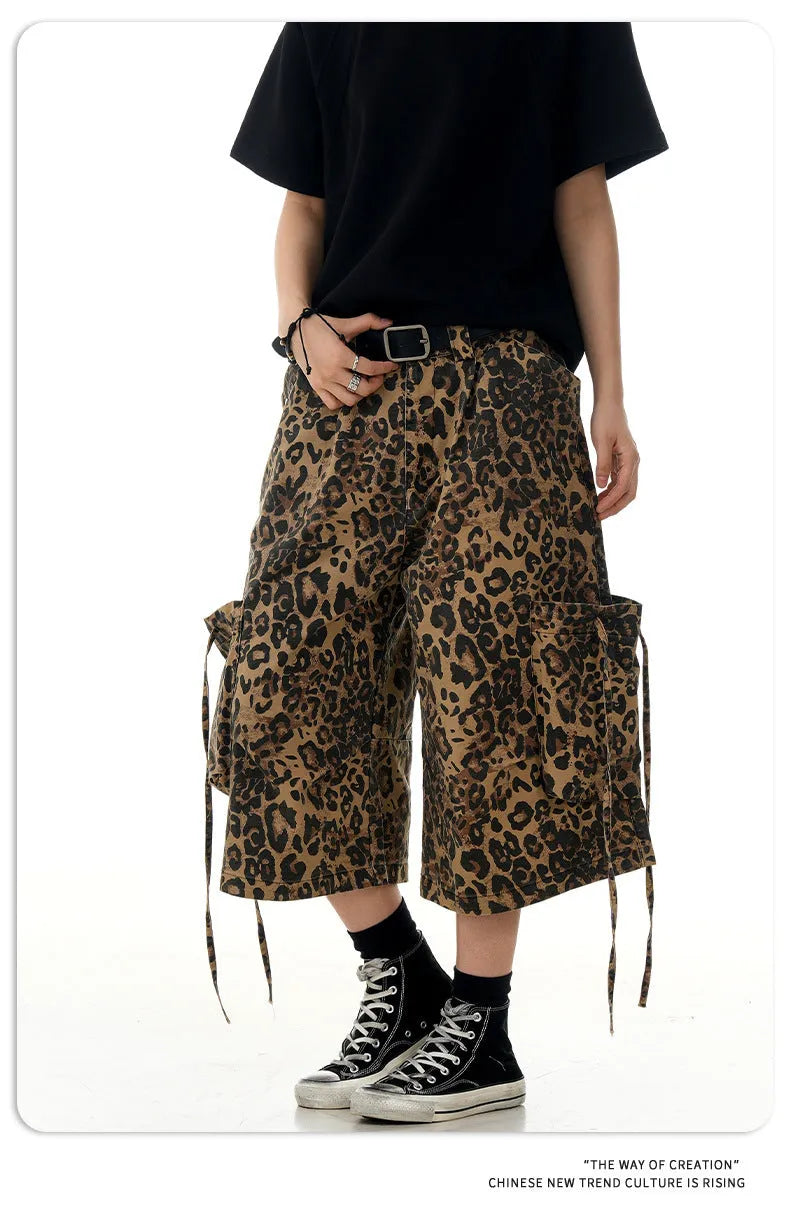 Women's leopard print cotton trousers with high waist and straight leg cropped design