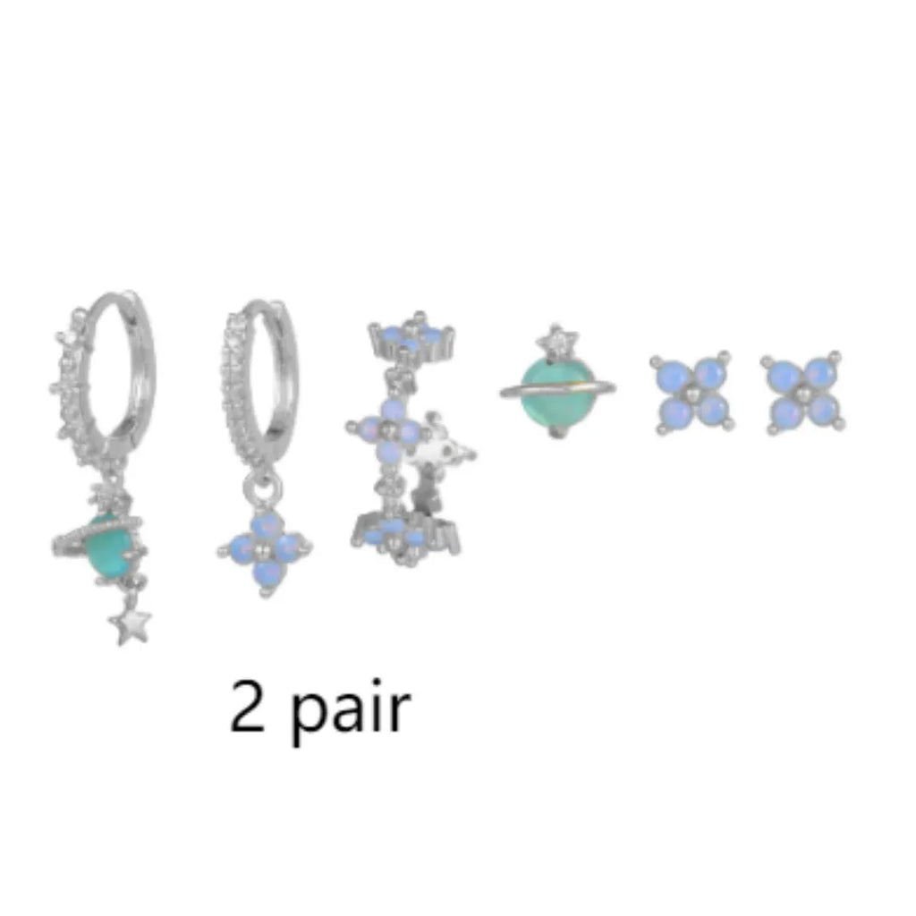 Gold or silver flower ear studs with zircon mosaic centre detail geometric design
