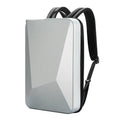 Large hard shell PC gaming backpack in black or silver with lock, showing dedicated laptop and organiser pockets