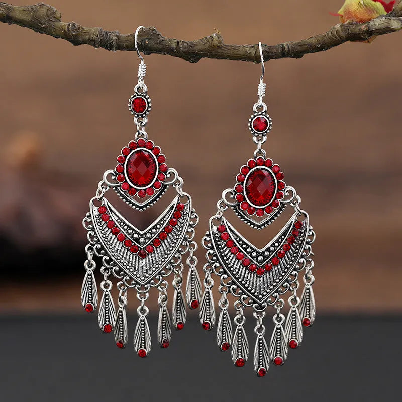 Retro crystal long fringe earrings in drop shape with smart water drop purple colour