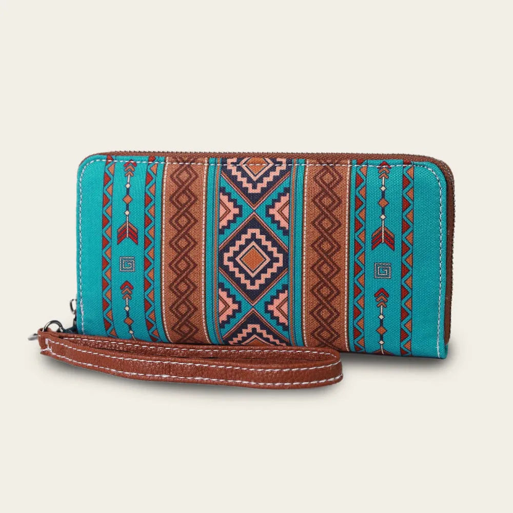 Bohemian stripe pattern canvas RFID wallet in beige, showing anti-theft function and card slots
