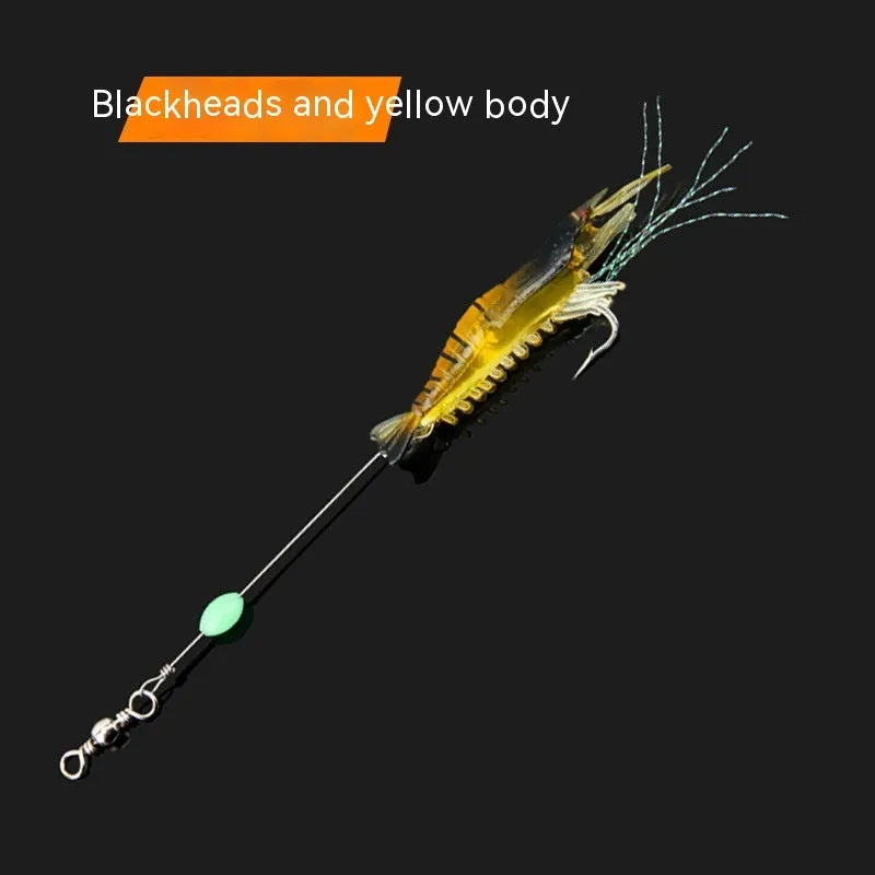 Soft plastic fishing lure with integrated hook in six colour variations including luminous patterns