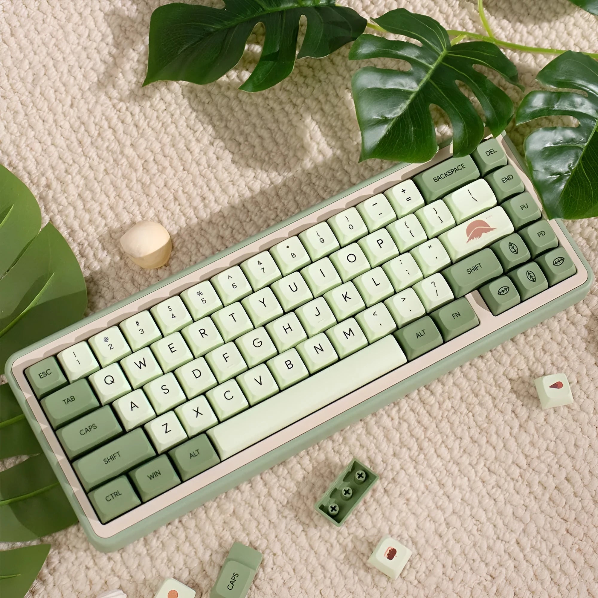 124 Key Matcha green PBT sublimation keycap set for mechanical keyboards laid out flat.