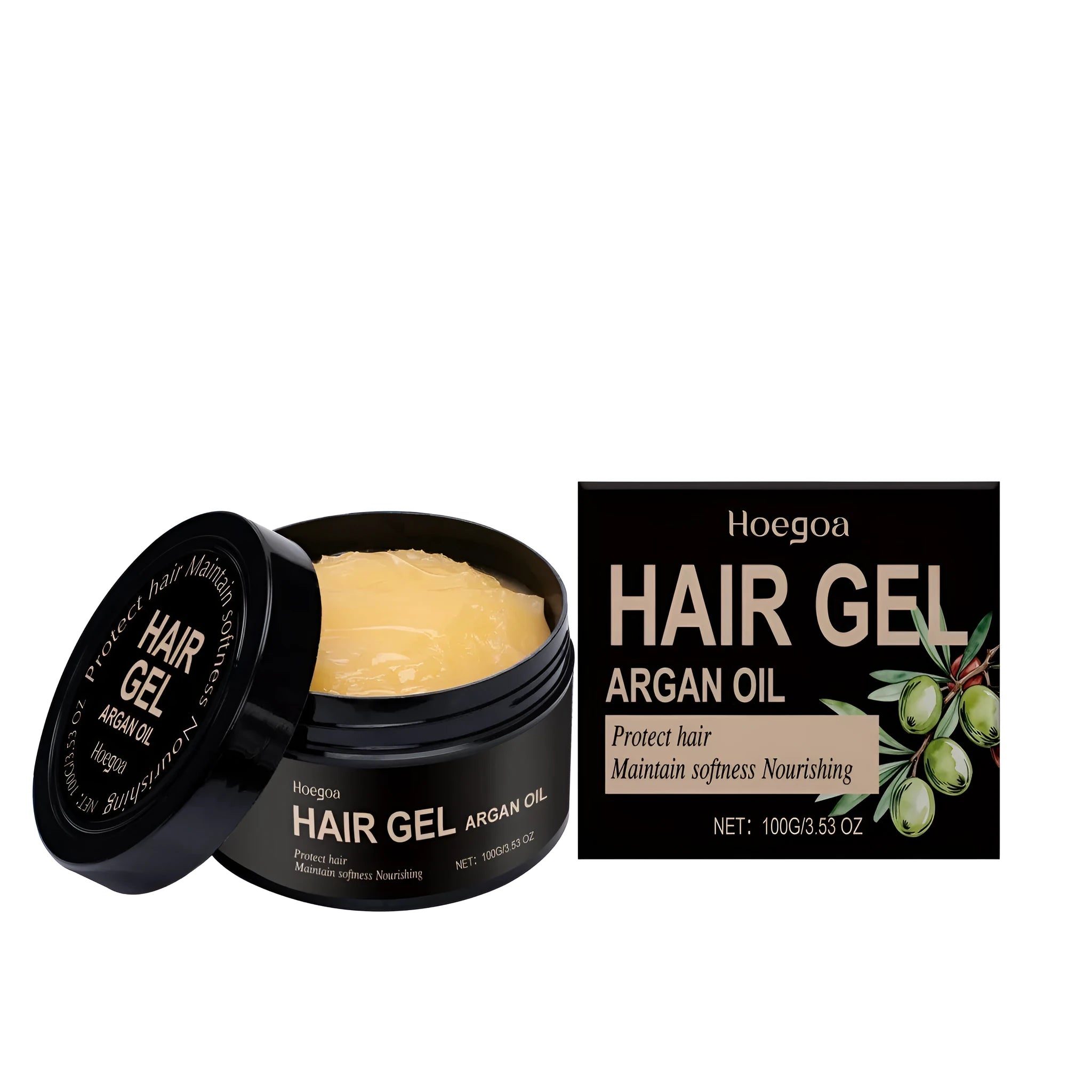 100ml bottle of Moroccan nut oil hair styling gel with hyaluronic acid.