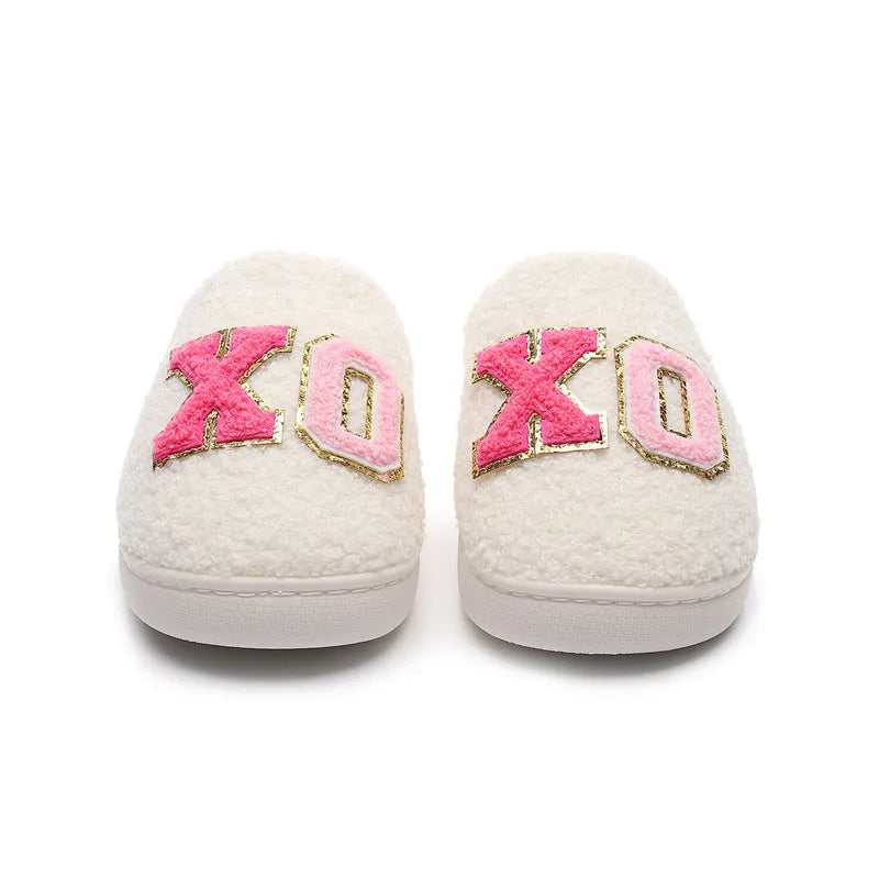 Warm grid letter cotton women's slippers in pink with artificial plush inner lining and closed toe