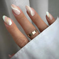 Golden Lines plaid pattern false nails in medium drop shape with JF0518 jelly glue.