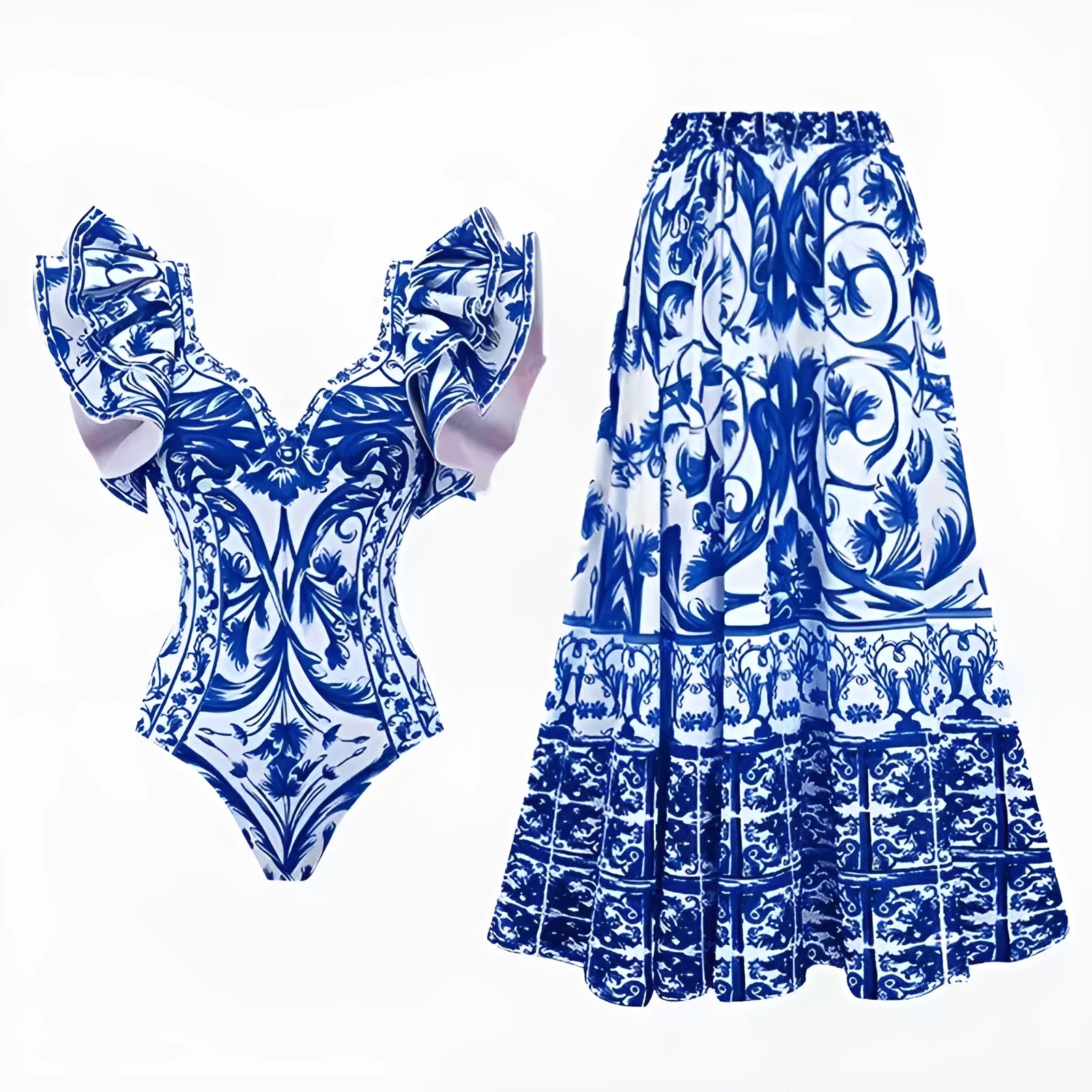 Women's printed polyester one-piece swimsuit available in multiple colours and styles