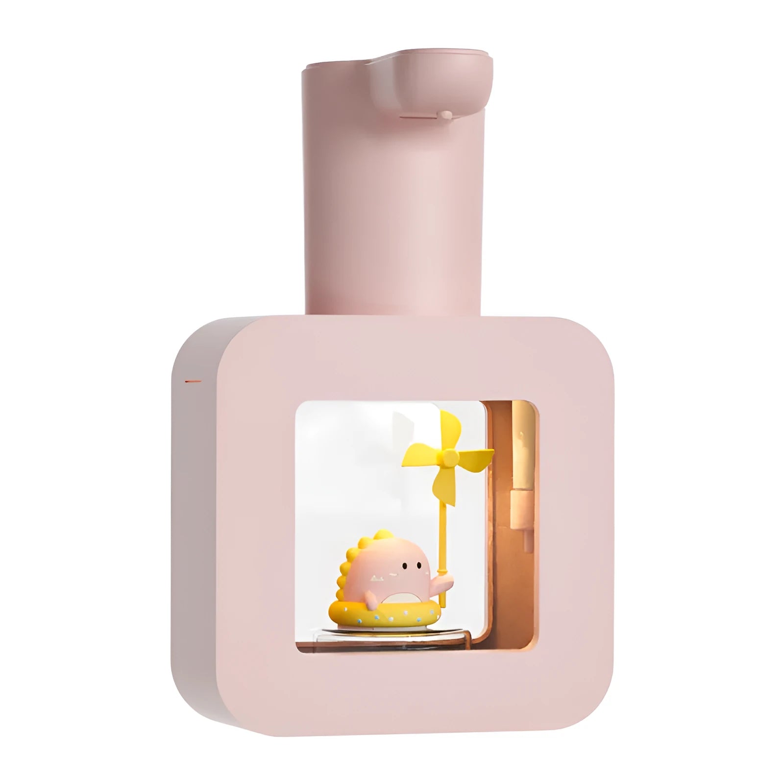 Pink automatic sensor soap dispenser with cartoon design featuring three-speed foam adjustment for children's handwashing