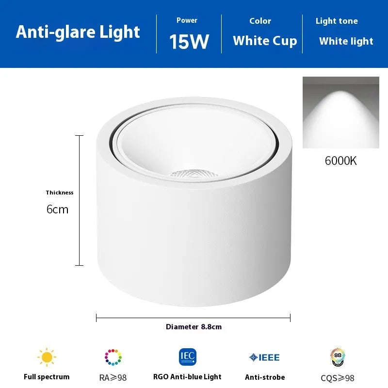 Ultra-thin surface mounted adjustable angle ceiling light aluminium 12W 15W black white finish