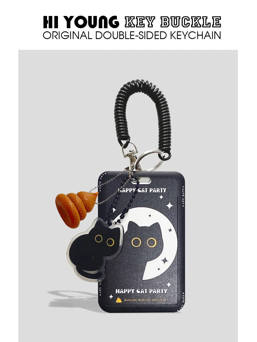 Cartoon black cat plastic card sleeve holder with a silver ferrule pendant attached.