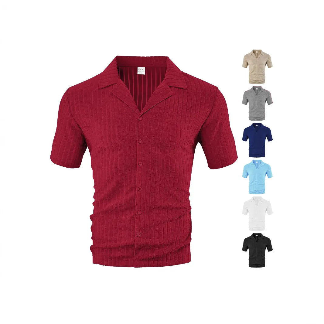 Men's loose casual cardigan short sleeve lapel top in polyester fabric 30 count available in six colours