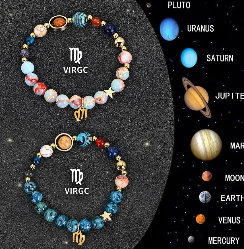 Two natural stone beaded bracelets with adjustable cords, presented as a zodiac sign bracelet set.