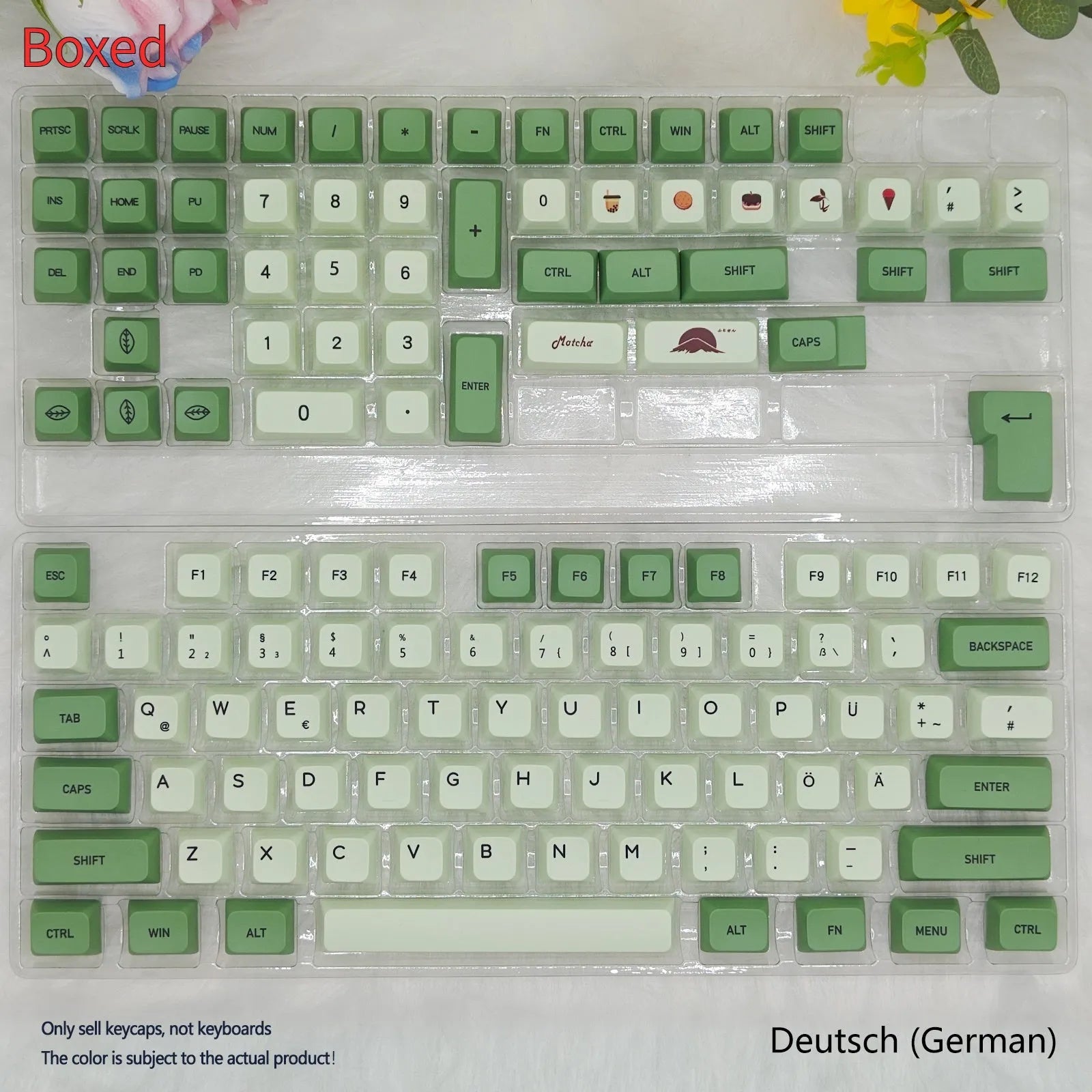 124 Key Matcha green PBT sublimation keycap set for mechanical keyboards laid out flat.