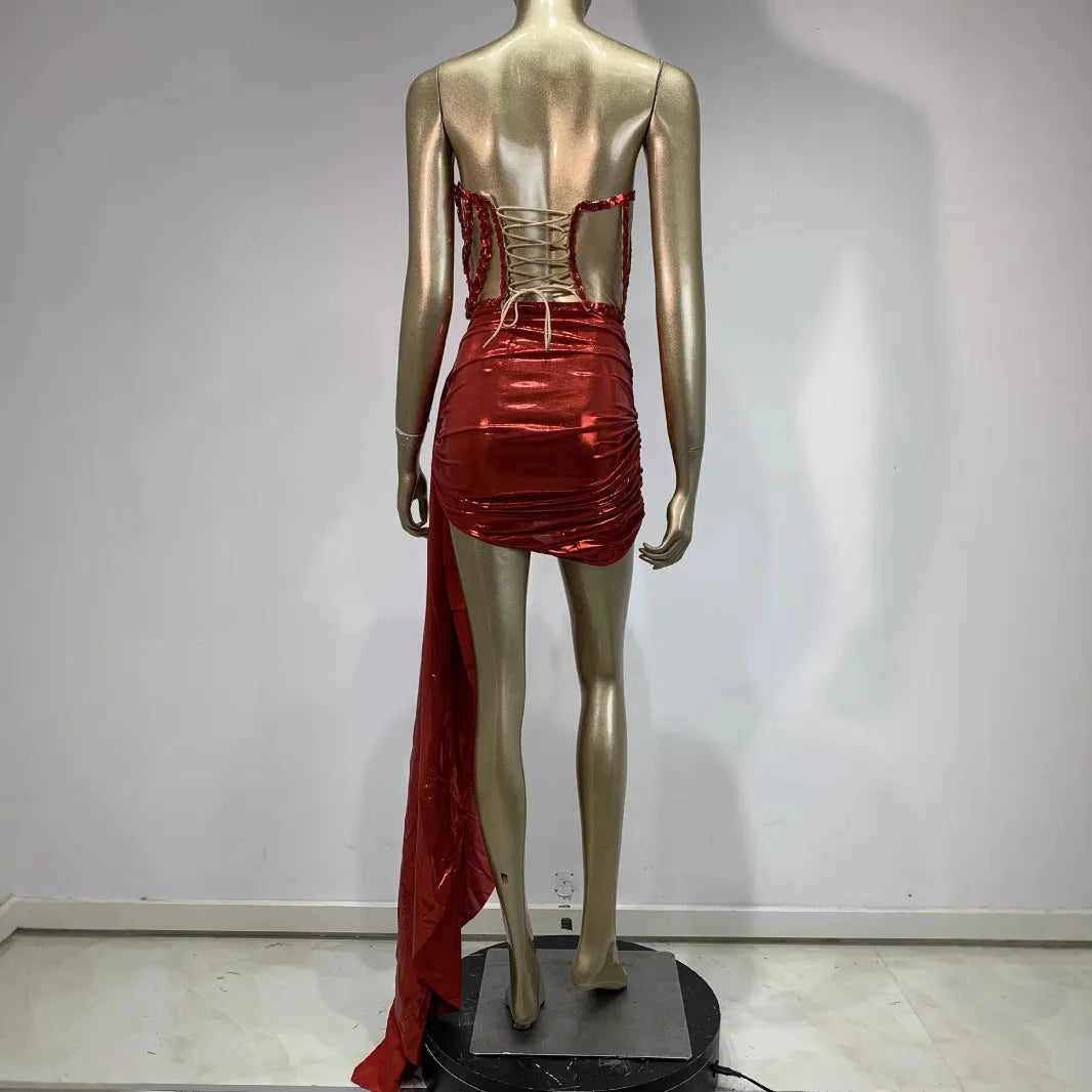 Red see-through mesh women's stage skirt suit costume for parties and performances