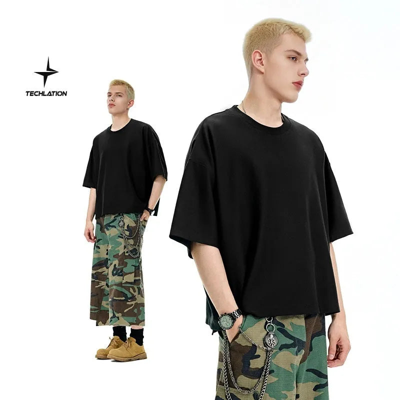 Men's sand grey loose fit short sleeve T-shirt showing cotton-polyester quick-dry fabric