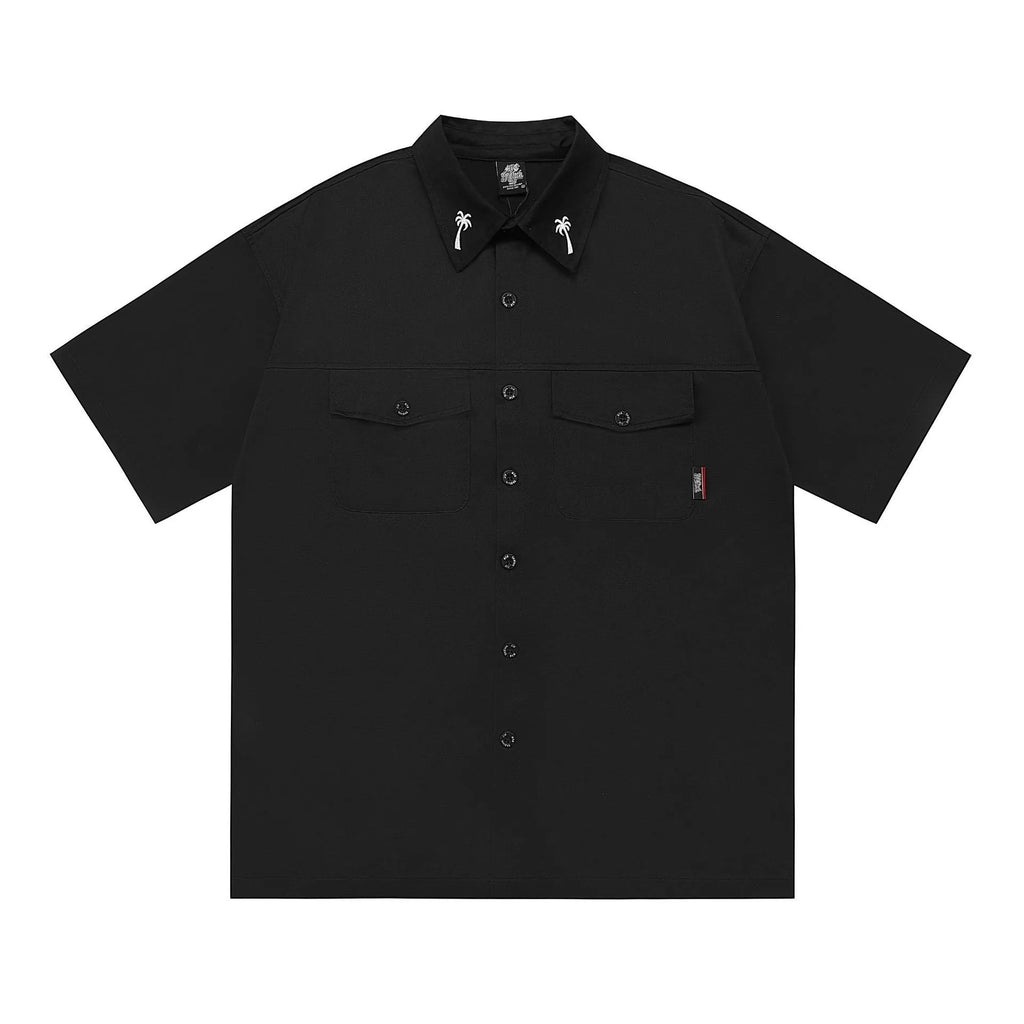 Men's plus size loose fit cotton blend work shirt with half sleeves and embroidered design