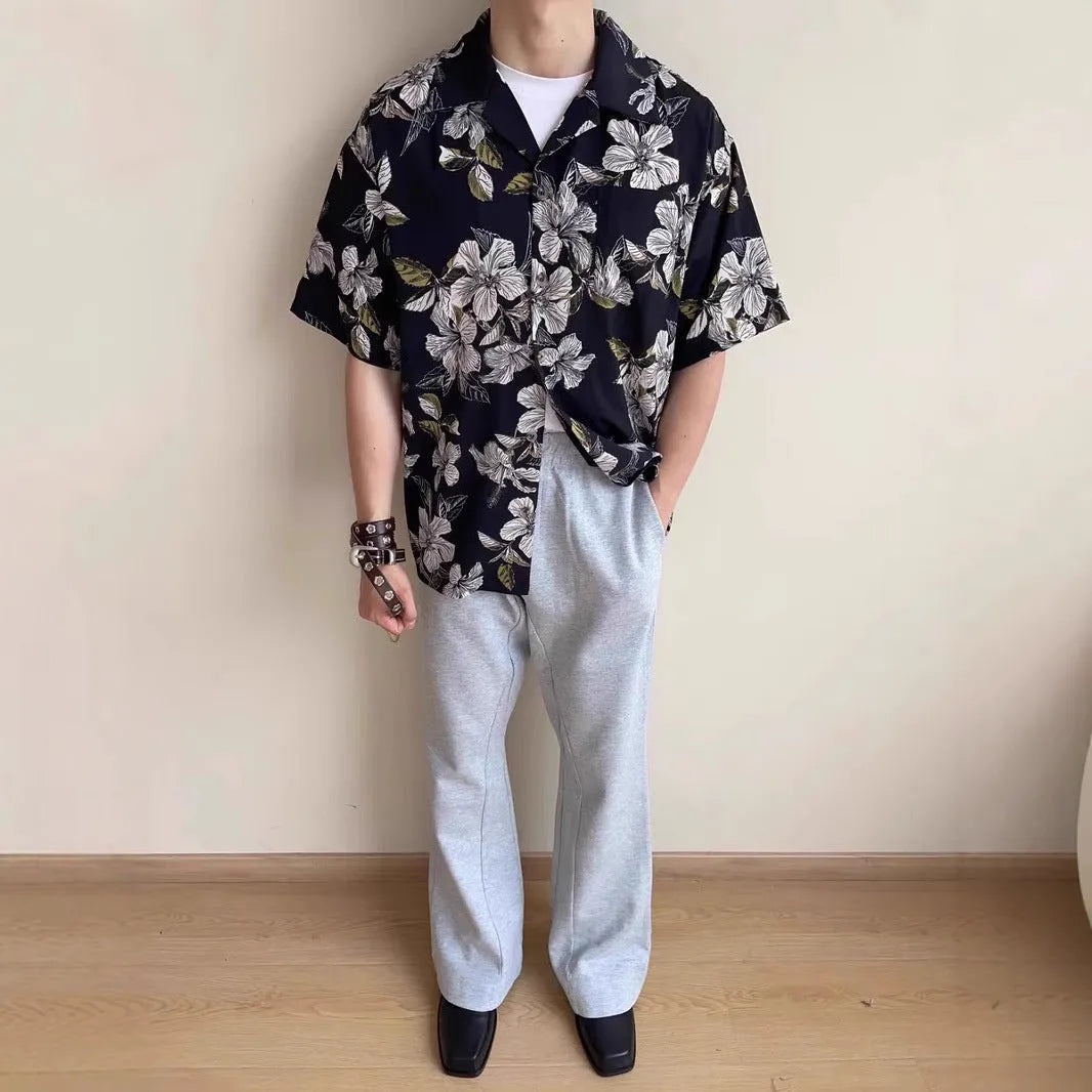 Men's black floral ice silk shirt with vintage Cuban collar and short sleeves