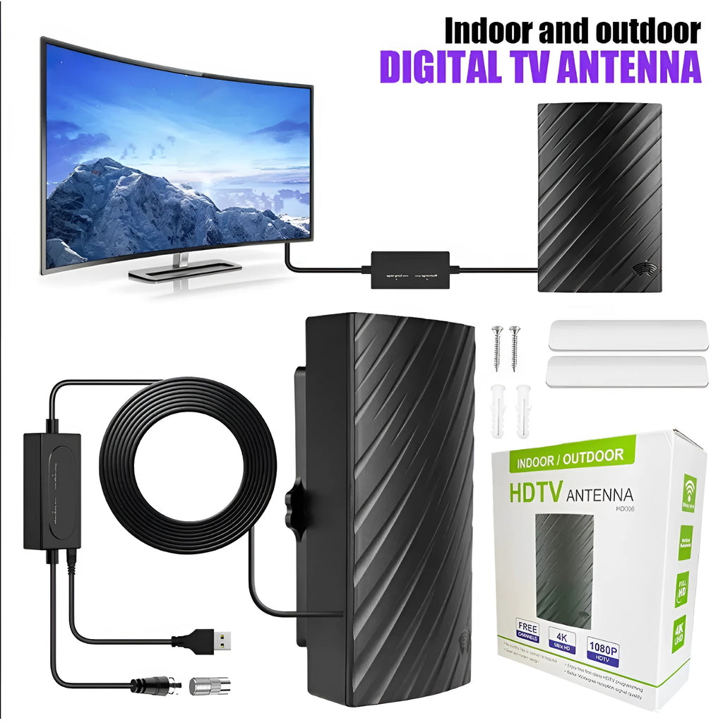 Black plastic indoor HD digital TV antenna with mounting accessories including expansion tubes and screws