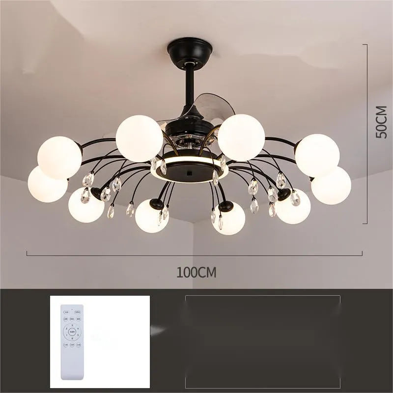 Gold finish ceiling fan chandelier with multiple lights and metal blades, shown installed in a living room.