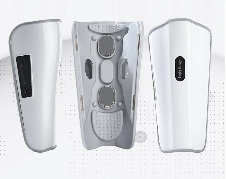 White plastic electronic calf massager with controls, showing USB Type-C port for charging.