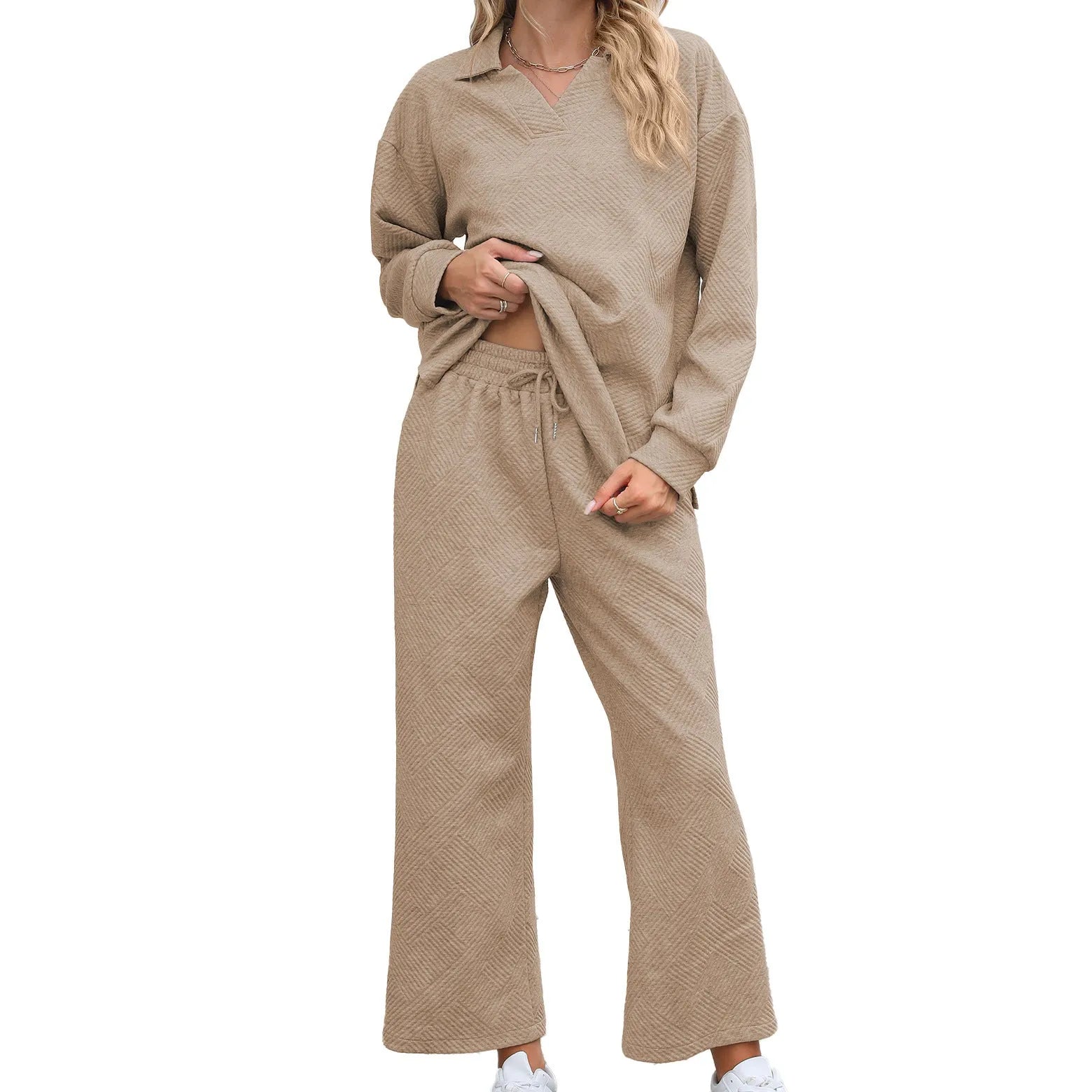 Women's black geometric pattern knitted jacquard two-piece suit with long sleeves and elastic waist trousers
