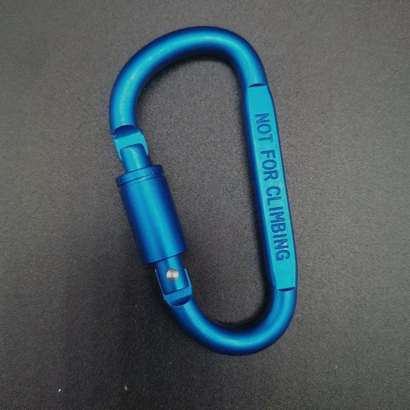 D-type aluminium carabiner with lock measuring 8cm in multiple colour options