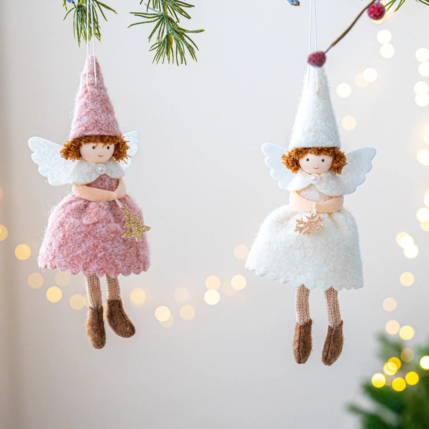 White and pink cloth angel skirt Christmas tree hanging ornament with plush pendant