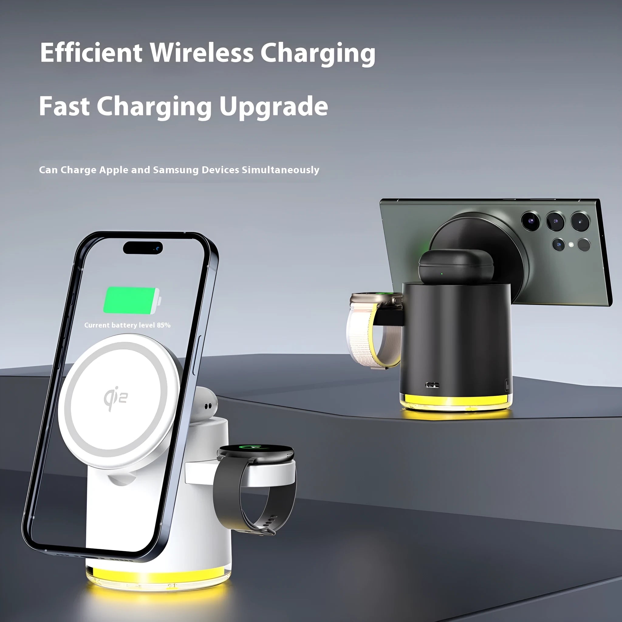 C16 ivory white folding magnetic three-in-one wireless charger showing phone, watch, and earbuds charging simultaneously.