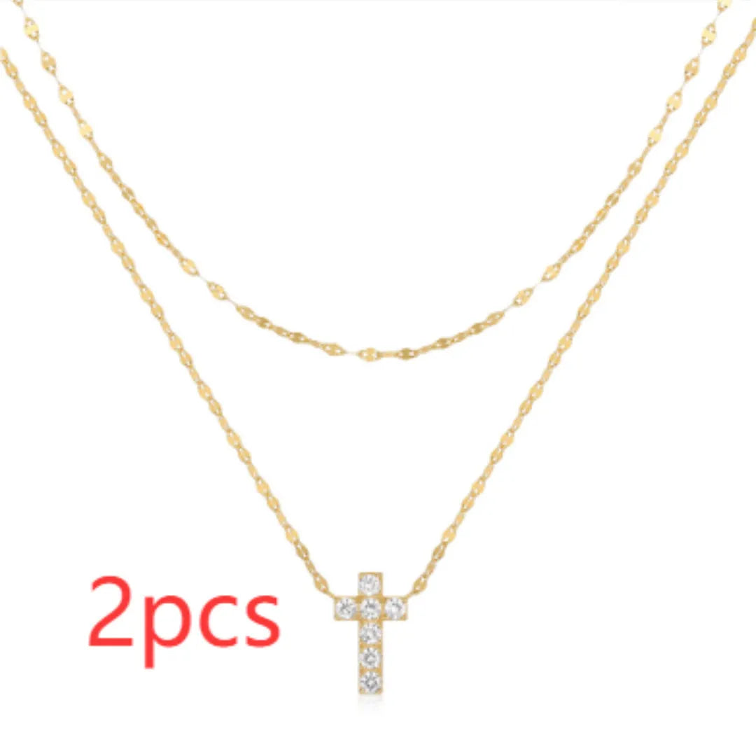 S925 sterling silver double layer twin diamond cross pendant necklace with clavicle chain in gold colour finish