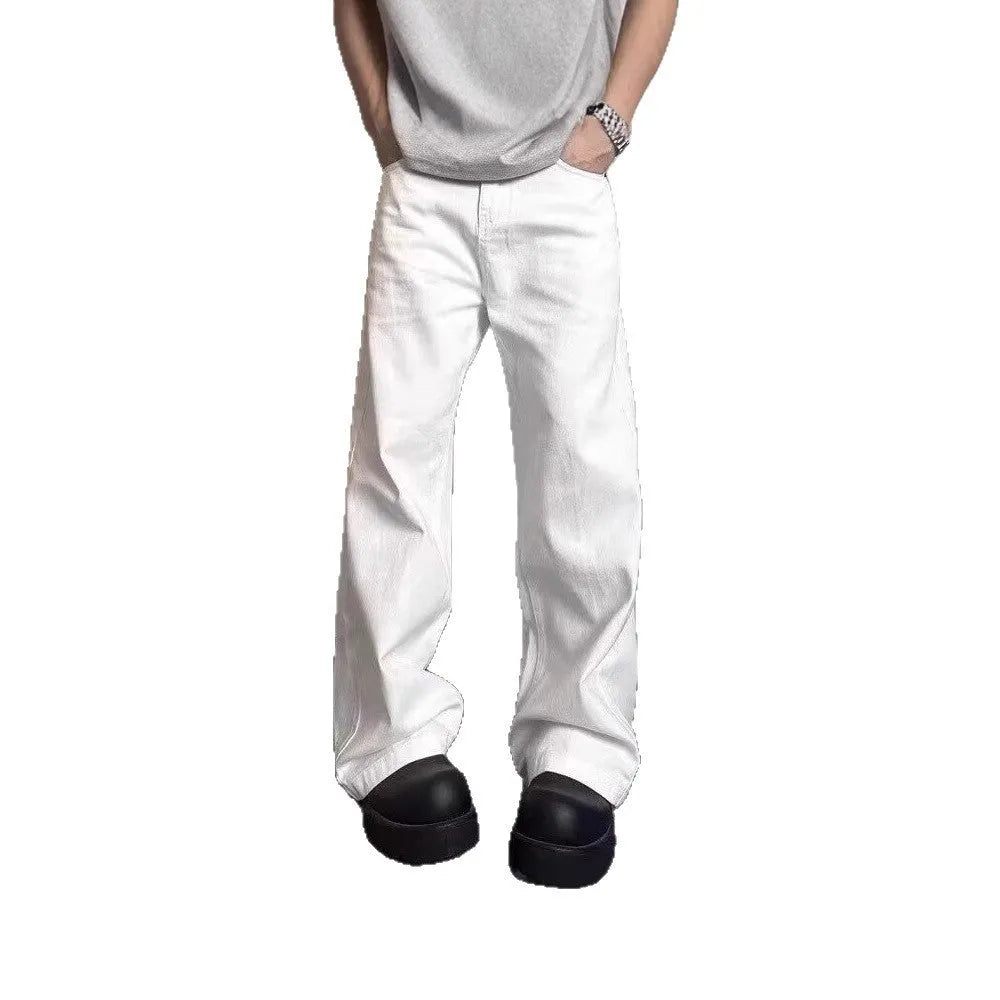 Men's white straight leg wide jeans with American high street styling