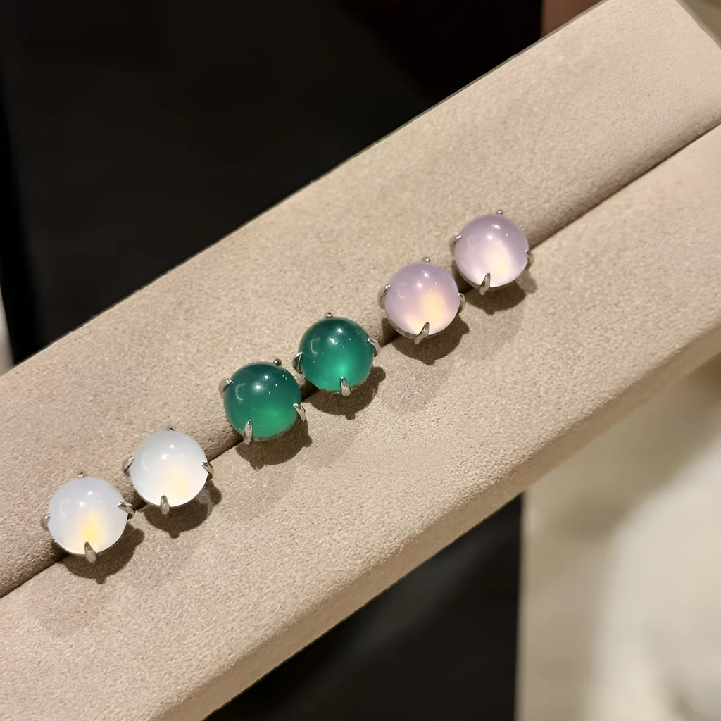 Chinese style round egg surface chalcedony earrings with four claw settings in three colour options